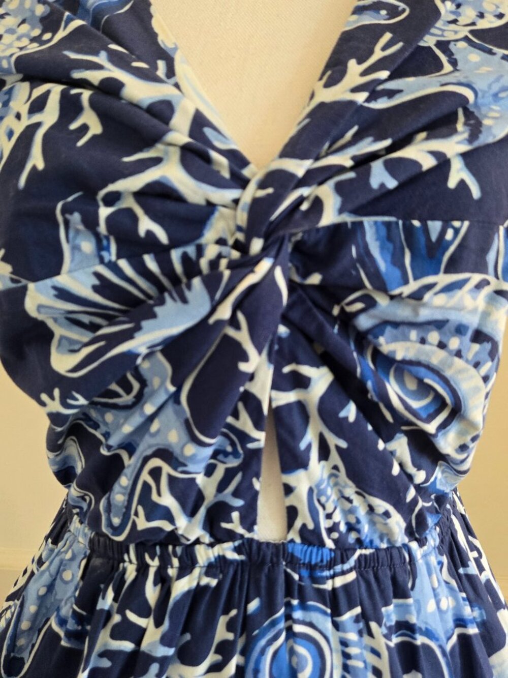 King + Pitt Navy Blue Sea Ocean Theme Ruffle Frill Cap Sleeve Maxi Dress Small - Picture 4 of 16